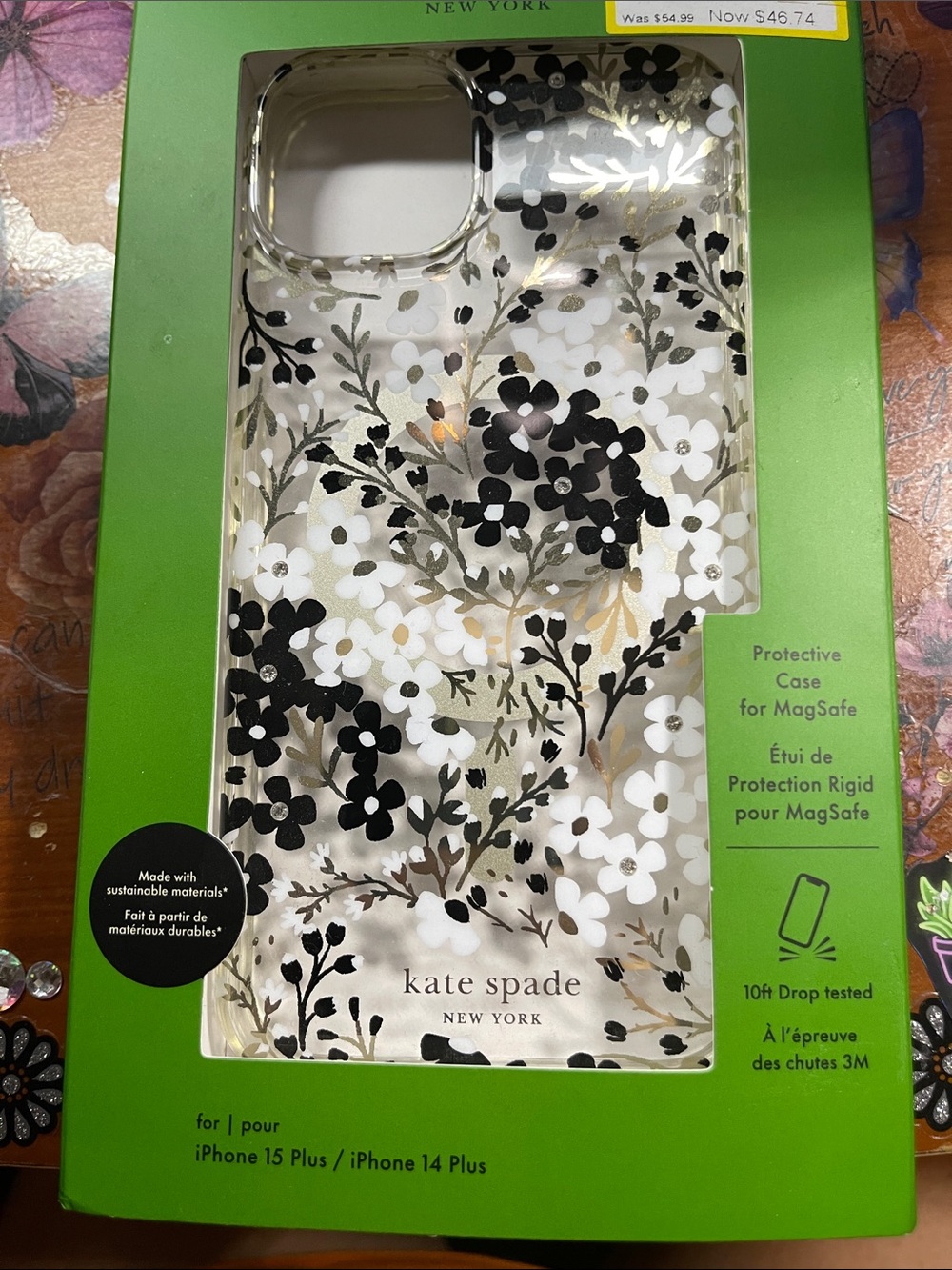 kate spade Clear Floral iPhone 15 plus/14 plusCase — Black, White & Gold Accents